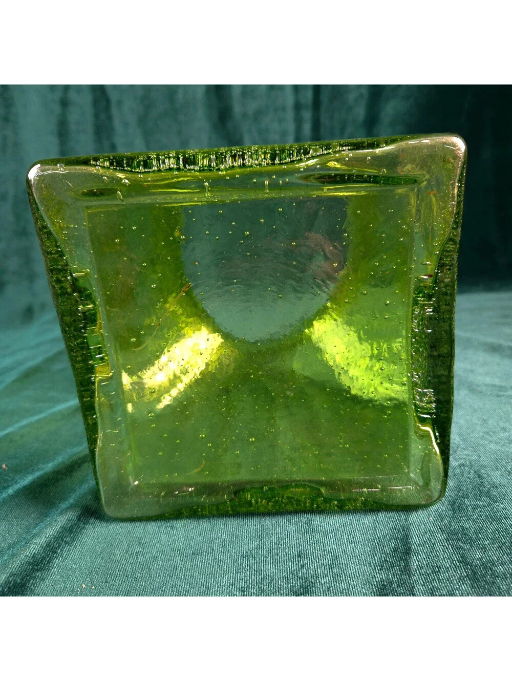 Vintage Lime Green Ribbed Bubble Glass Square Vase 7